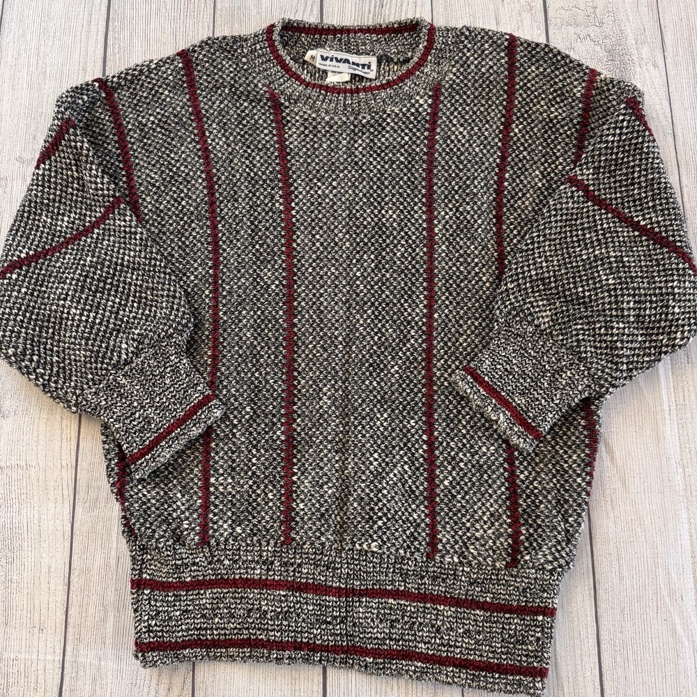 Vintage Vivanti Signature USA Sweater Mens Medium Gray Red Striped Textured Knit